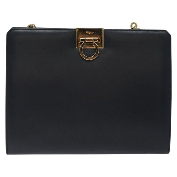 Salvatore Ferragamo Gancini Chain Shoulder Bag Leather Navy Gold Auth BD1060 - Picture 2 of 16